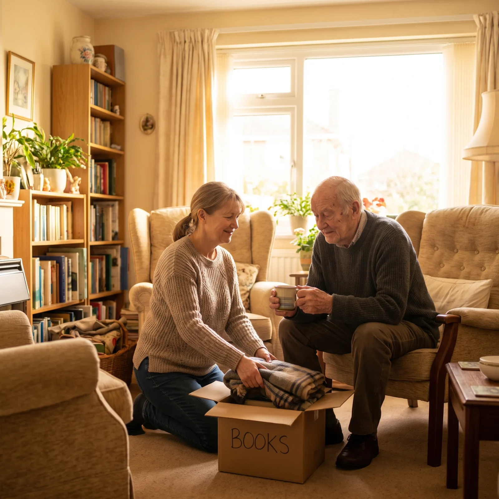 A caregiver helping an elderly person pack a labeled moving box in a cozy living room